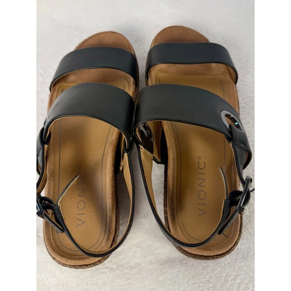Vionic‎ Women's Black Leather Strappy Sandals Slingback Comfort Footbed